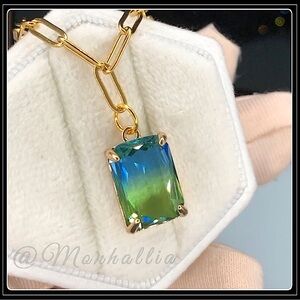 14k Gold Steel Emerald Cut Ombre Square Blue Topaz Tourmaline Paperclip Necklace
